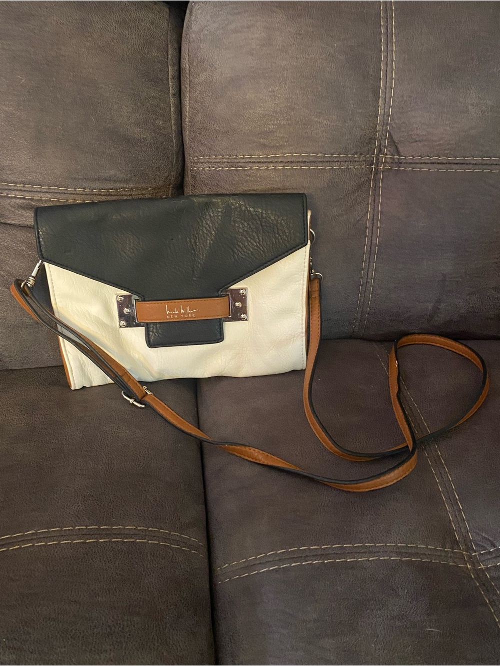 Nicole Miller Black, White and Tan Colorblock Crossbody